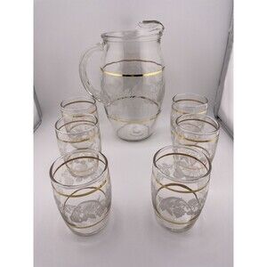 Bartlett Collins Etched Frosted Fruit Juice Pitcher and 6 Glasses 1960 Gold Trim